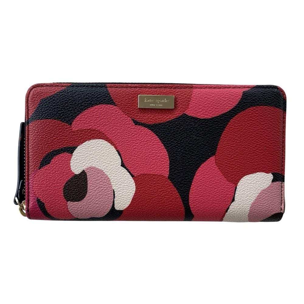 Kate Spade New York Floral Zip-Around Wallet Pink Black White Credit Card Slots